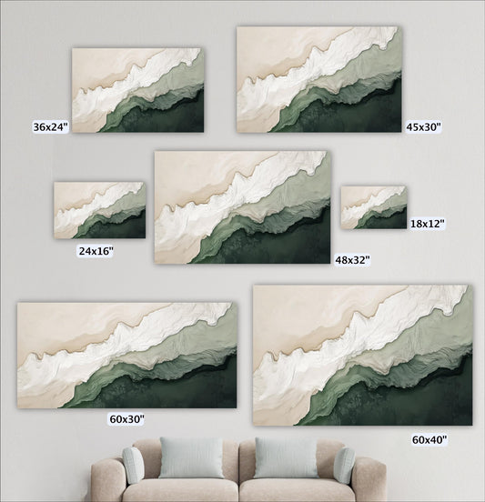 a collection of six landscape paintings, each with a different size and frame, displayed on a wall. The paintings feature a color palette of green and white, with varying sizes and dimensions. In the foreground, there is a couch, suggesting that this might be a living room or a similar space where people can sit and appreciate the artwork.