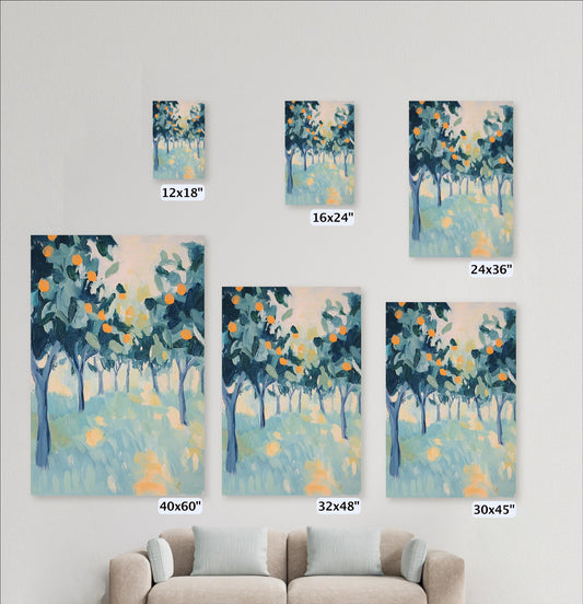 a collection of six paintings of trees, each varying in size and orientation, arranged on a wall.