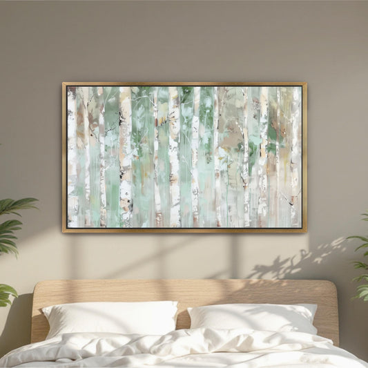 Birch Trees Abstract Landscape Framed Art, Sage Green Beige, Aspens Nature, Watercolor Canvas Print Wall Art wood framed. shipped from USA