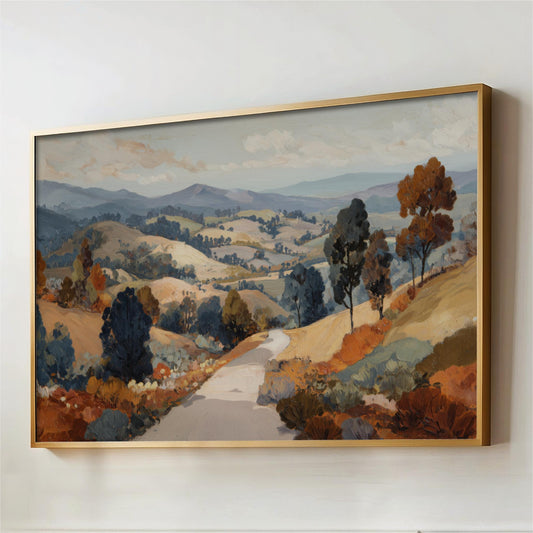 The image is a large painting depicting a scenic countryside landscape with rolling hills, trees, and a winding road.