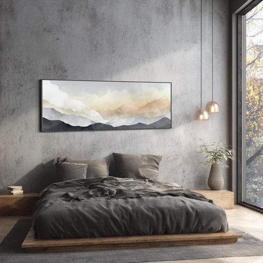 a serene and modern bedroom with a large bed, a wooden nightstand, and a large window overlooking a scenic mountain landscape.