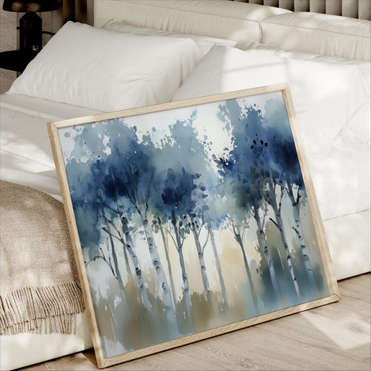 a framed painting of a serene forest scene with tall trees and a blue sky.