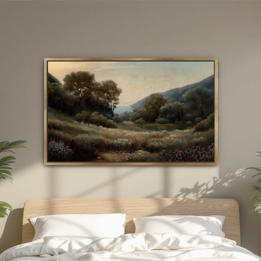 Vintage Framed Art, Coastal Landscape, Moody Farmhouse Wall Decor, Neutral Meadow Wildflowers Ocean, Oversized Livingroom, Bedroom Artwork cottagecore cottage home,