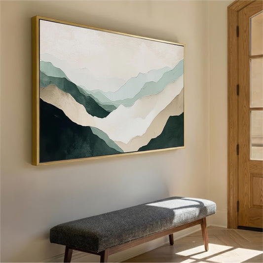Abstract Sage Green Beige Wall Art, Landscape Framed Canvas Print, Minimalist Mountains, Texture Effect, Wabi-Sabi, Living Room Artwork