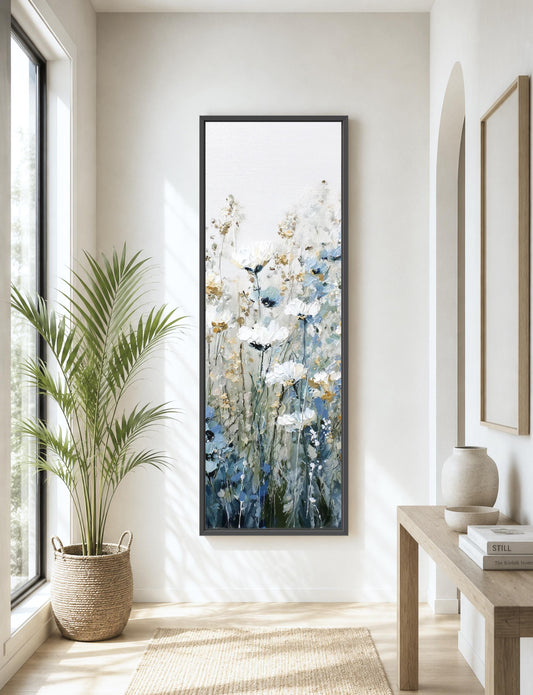 tall floral art, botanical decor, wildflower print, blue blossom, vertical canvas, garden artwork, cottage style, hallway accent, nature inspired, farmhouse wall, neutral palette, framed painting, bedroom decor flower artwork, botanical wall art, vertical artwork, canvas print, framed decor, nature theme, wildflower painting, floral landscape, soft blue tones, tall wall hanging