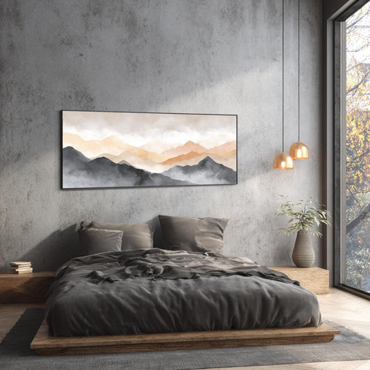 a serene bedroom with a large bed, a painting of mountains hanging on the wall, and a window overlooking the outdoors.