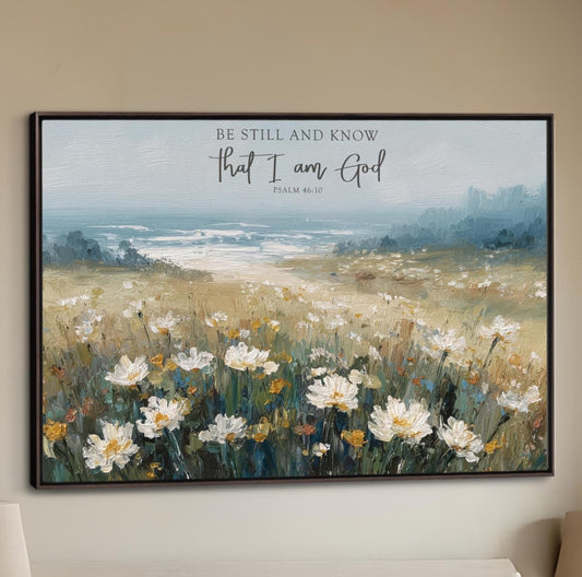 Be still and know that I am God framed painting of a field of white flowers, with a blue sky and trees in the background.