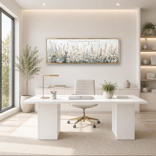 a modern, minimalist office space with a large window, a white desk, a white chair, and a framed artwork of a field of flowers on the wall.