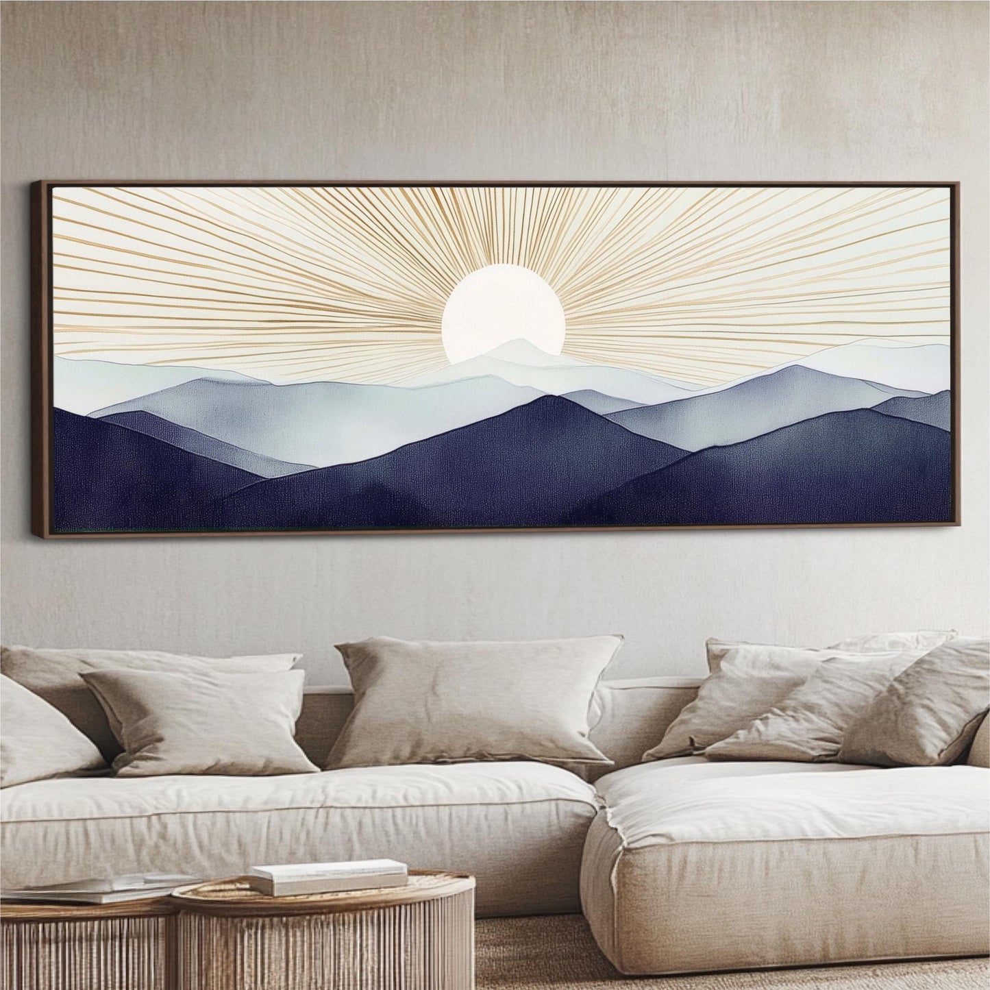 a living room with a couch and a painting on the wall