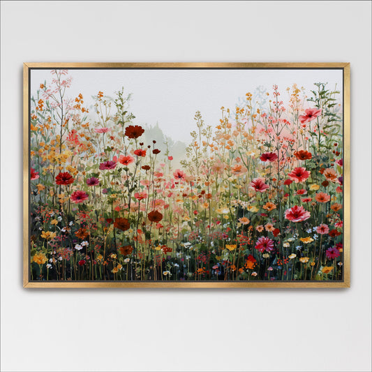 The image is a framed painting depicting a vibrant and colorful field of flowers, with a variety of red, pink, orange, and yellow blooms.