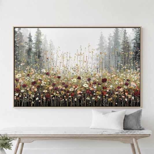 Fall Mountain Meadow Landscape Wall Art, Floral Field Artwork, Cottagecore Decor, Framed Canvas Print Pine Tree Burgundy Nature Painting