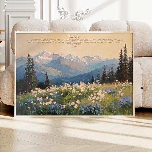 The Lords Prayer Wall Art is a beautiful piece of Christian wall art that brings a sense of peace and inspiration to any room in your home. Featuring the Our Father Prayer, this scripture wall art serves as a daily reminder of faith and hope. Perfect for Christian home decor, it can complement your living space while also making a thoughtful Christian gift for loved ones. With its stunning depiction of mountains and wildflowers in shades of green and blue, this Lords Prayer print not only beautifies your wa