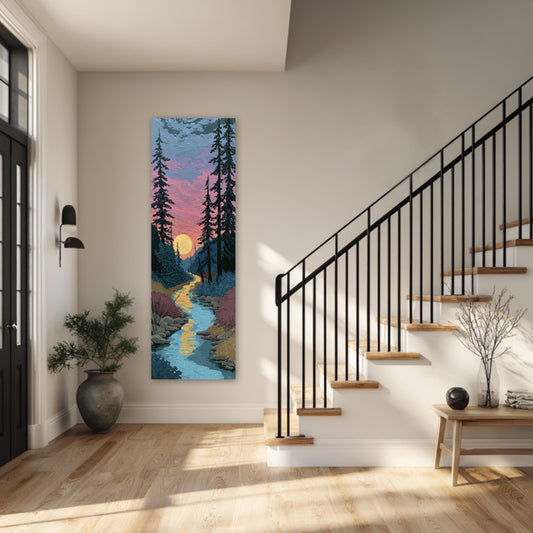a serene indoor setting with a large painting of a forest scene hanging on the wall, a staircase with a black railing, and a potted plant on the floor.