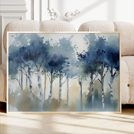 Aspen Forest Abstract Art, Indigo Watercolor Birch Tree Canvas, Modern Farmhouse Wall Decor, Minimalist Navy Blue Nature Print Framed