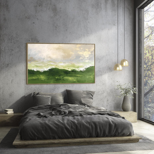 a serene bedroom scene with a large bed, a painting of a green landscape hanging on the wall, and a window overlooking trees.