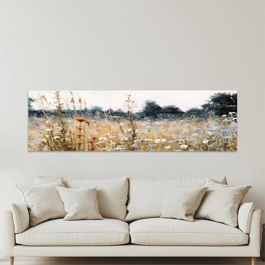 Landscape Field of Flowers Framed Canvas Art, Panoramic Aesthetic Fall Wall Art Painting Large Artwork, Nature Scenic Fine Art Picture