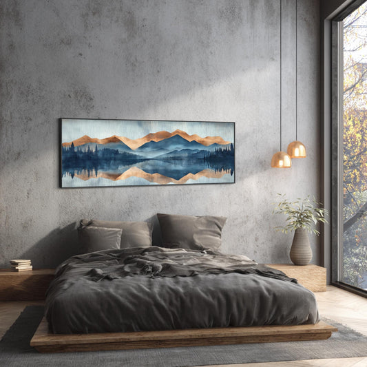 a serene bedroom scene with a large bed, a painting of a mountain landscape, and a window overlooking trees.