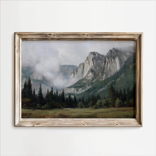 The image is a painting of a mountainous landscape with a forested area in the foreground and a misty, hazy atmosphere in the background.