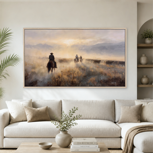 a serene scene of cowboys riding horses in a field, with a warm, hazy atmosphere and a beautiful sunset in the background.