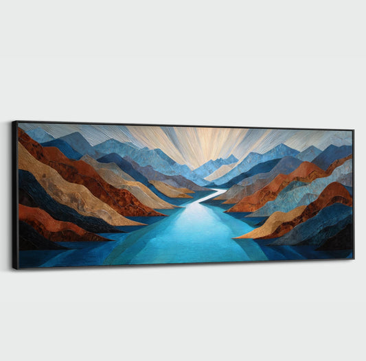 The image is a painting depicting a serene landscape with a winding river surrounded by mountains in various shades of blue, brown, and orange.