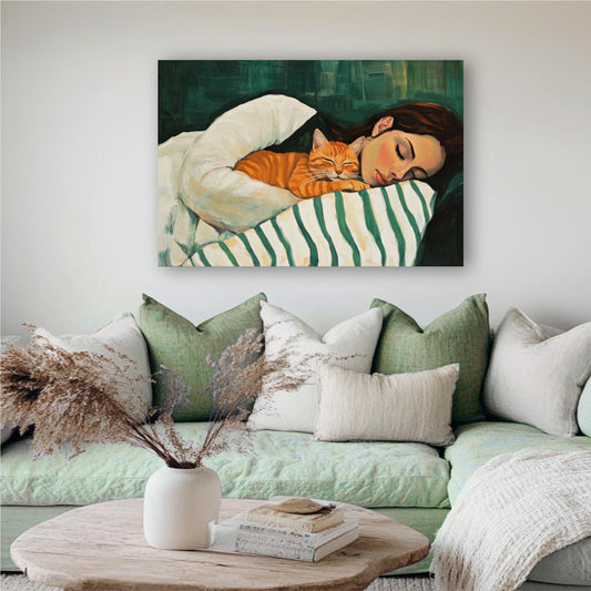 a painting of a woman laying on a couch with a cat