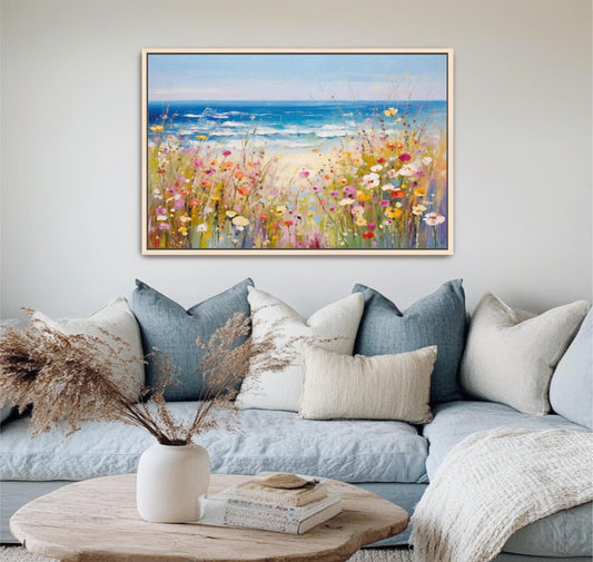 framed art ocean painting with wildflowers