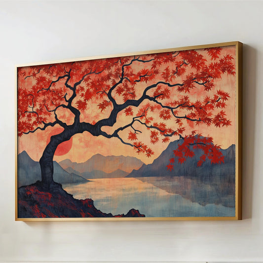 a painting of a tree with red leaves