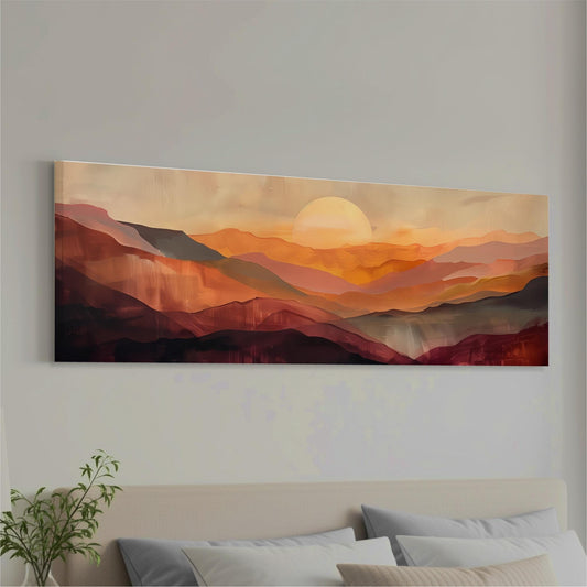 a large, colorful painting of a mountainous landscape with a sun in the sky, hanging on a wall above a bed with white pillows.
