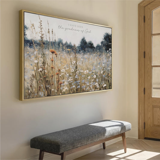 I Have Seen the Goodness Of God Wall Art, Landscape Field of Wildflowers rustic vintage in neutral shades of dark navy blue, creame, burnt orange, beige and light blue. This beautiful artwork comes framed or unframed in a landscape format. It's a good reminder to be thankful for His goodness and all He has done for us. This artwork complements various interior styles, ensuring it fits seamlessly into any room - bedroom, family room, foyer, dining room, office...