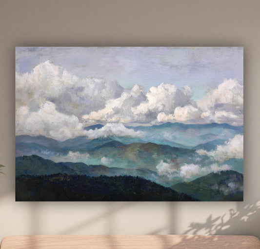 a large painting of a Smokey mountains blueridge mountains landscape with clouds