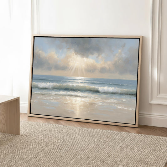 a large framed painting of a serene ocean scene with waves crashing against the shore, set against a cloudy sky.