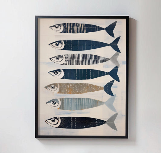 Sardines Painting: Nautical Fish Print, Coastal Kitchen Wall Art
