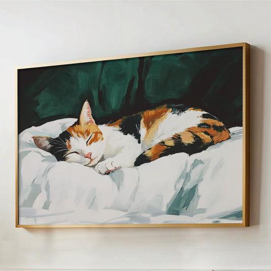 a painting of a cat sleeping on a bed