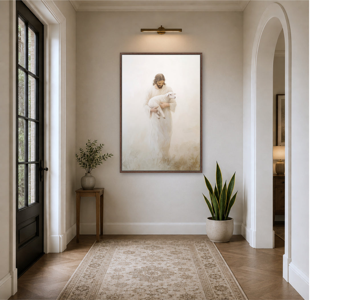 a serene and elegant hallway with a large framed painting of a woman holding a lamb hanging on the wall. The hallway is decorated with a rug, a small table with a plant, and a large window that allows natural light to fill the space.