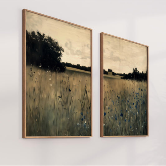 two framed paintings of a field with tall grass and trees in the background.