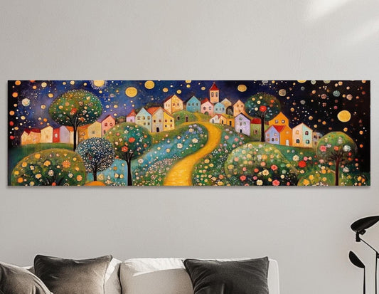 a living room with a white couch and a painting on the wall