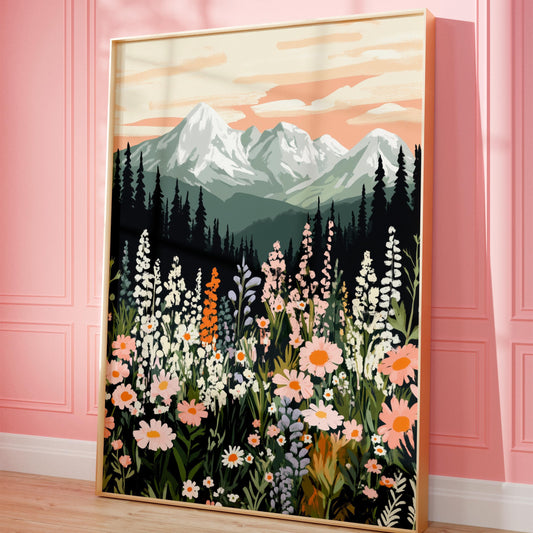Spring Wildflower and Mountains Illustration Art