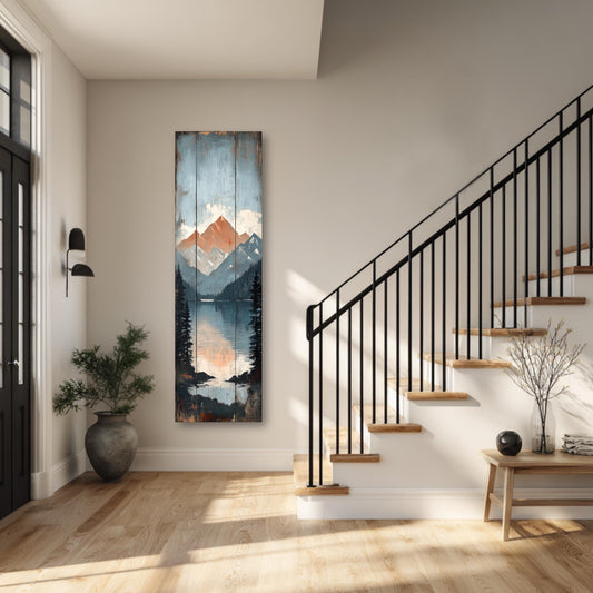 a modern and minimalist interior design, featuring a large painting of a mountain landscape hanging on the wall, a black metal railing on the staircase, and a wooden bench near the staircase.