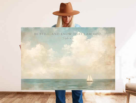 A woman in a hat holds a large canvas print of a seascape with a sailboat in the distance.