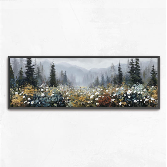 A framed painting depicting a serene forest landscape with tall trees, a meandering path, and a field of colorful wildflowers.