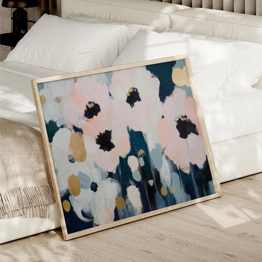 Abstract Flowers Art, Blush Pink Navy Blue Gold, Canvas Print, Framed Floral Artwork, Modern Minimalist Pop of Color, Office, Bedroom, Bath