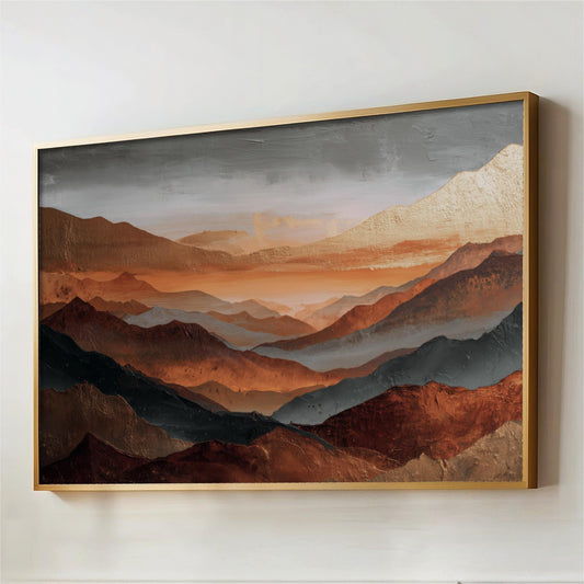 Abstract Mountains Canvas Artwork, Rust Orange, Gold, Steel Gray and Copper, Painting Framed Canvas, Landscape Wall Decor, Large Shipped