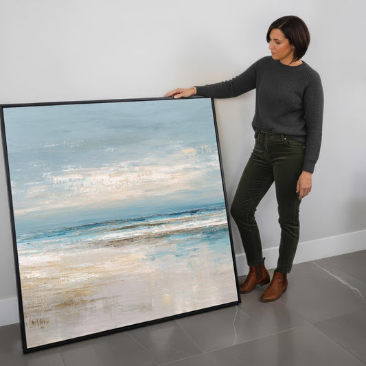 Abstract Square Art, Ocean Beach House Decor, Seascape, Neutral Blue Beige, Framed Canvas Print, Shipped Ready to Hang Large Artwork