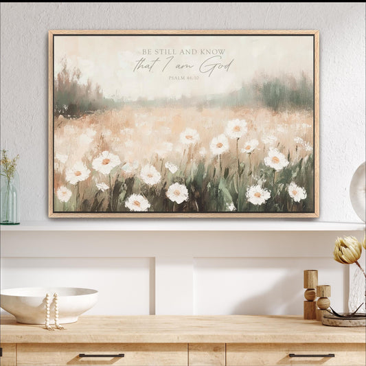 Be Still and Know that I am God, Psalm 46:10 Scripture Artwork, Landscape Field Wildflowers Framed Painting Canvas Print Shipped Farmhouse