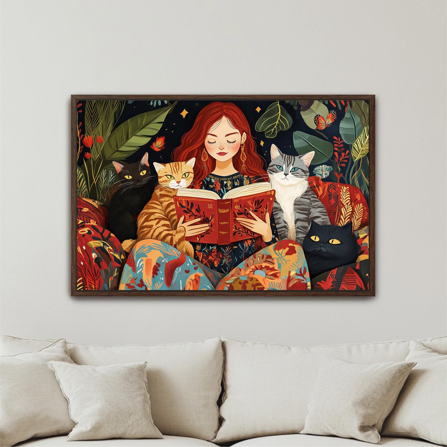 Boho Red Headed Beautiful Woman Reading with Cats Art, Book Lovers, Colorful Framed Canvas Print