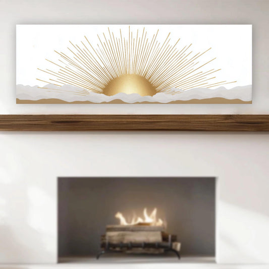 Boho Sun Neutral Wall Art, Modern Abstract Canvas, White Gray Gold Retro Decor, Ready To Hang Minimalist, Framed Horizontal Art Above Bed,