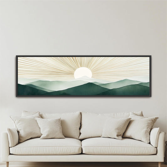 Boho Sun Wall Art, Modern Mountains Abstract Canvas, Green Gold Retro Decor, Framed Horizontal Art Above Bed Framed Ready To Hang Minimalist