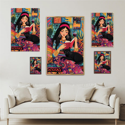 Boho Woman Reading Art: Black Cat, Wine, Colorful Eclectic Print