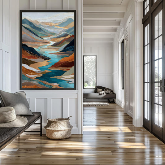 Gold River Valley Abstract Wall Art, Blue Gray Rust Copper, Oversized Large Nature Artwork Vertical Portrait