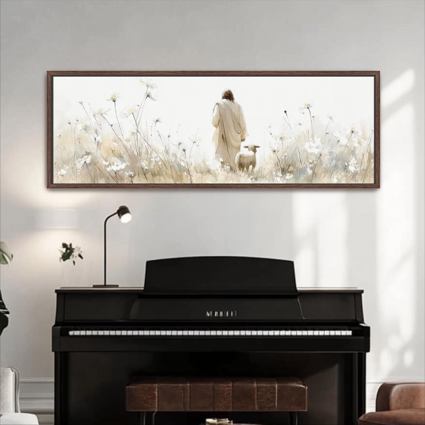 Jesus Leaving the 99 Art: Christian Floral Landscape Framed Canvas